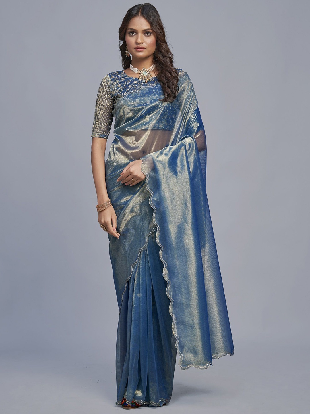 

APNISHA Embroidered Organza Saree, Blue