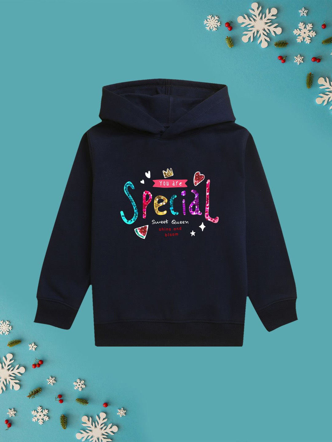 

NUSYL Girls Typography Printed Hooded Sweatshirt, Navy blue