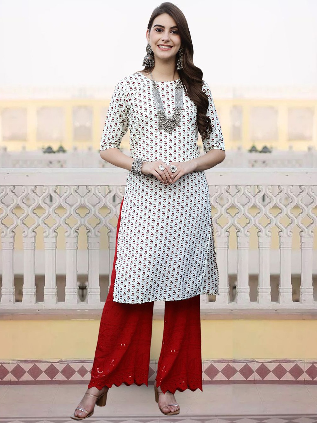 

7Threads Ethnic Motifs Printed Round Neck Straight Kurta, White