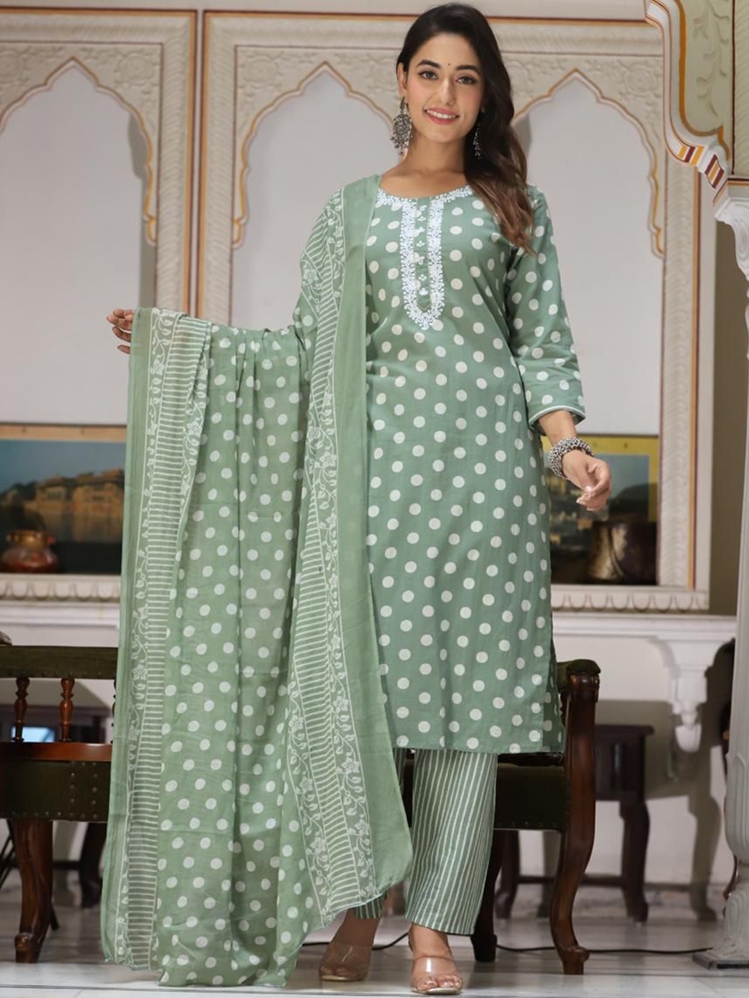 

KALINI Floral Printed Thread Work Straight Kurta with Trousers & Dupatta, Green