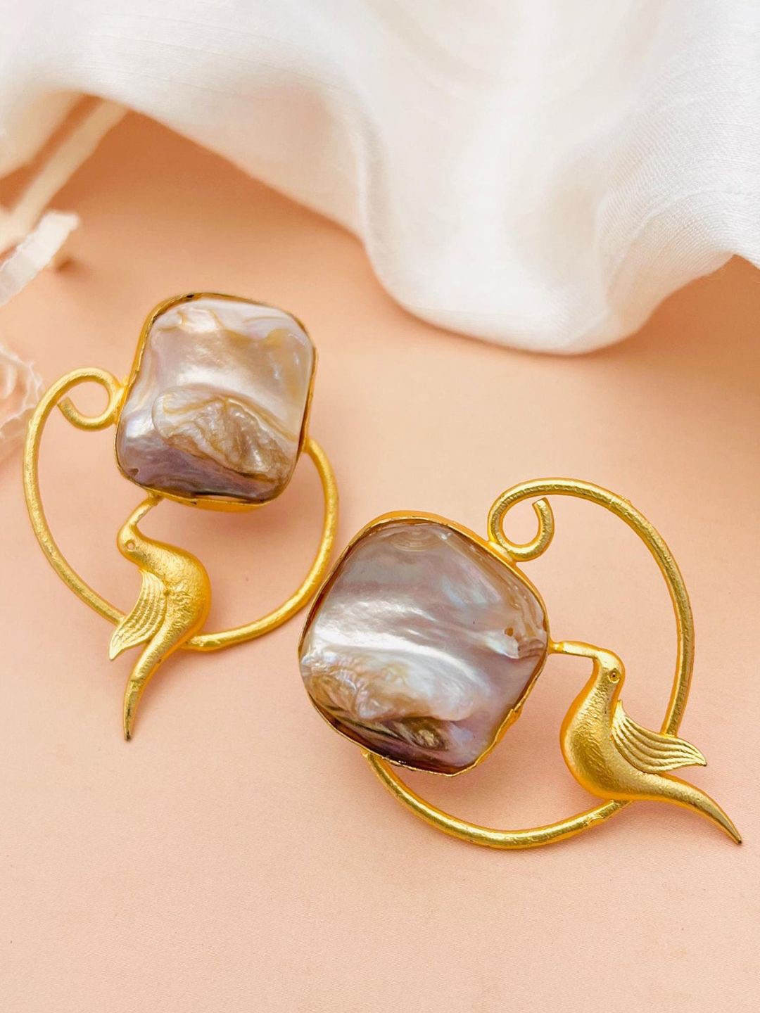 

VAGHBHATT Stainless Steel Gold Plated Imitation Bird and Baroque Pearl Drop Earrings