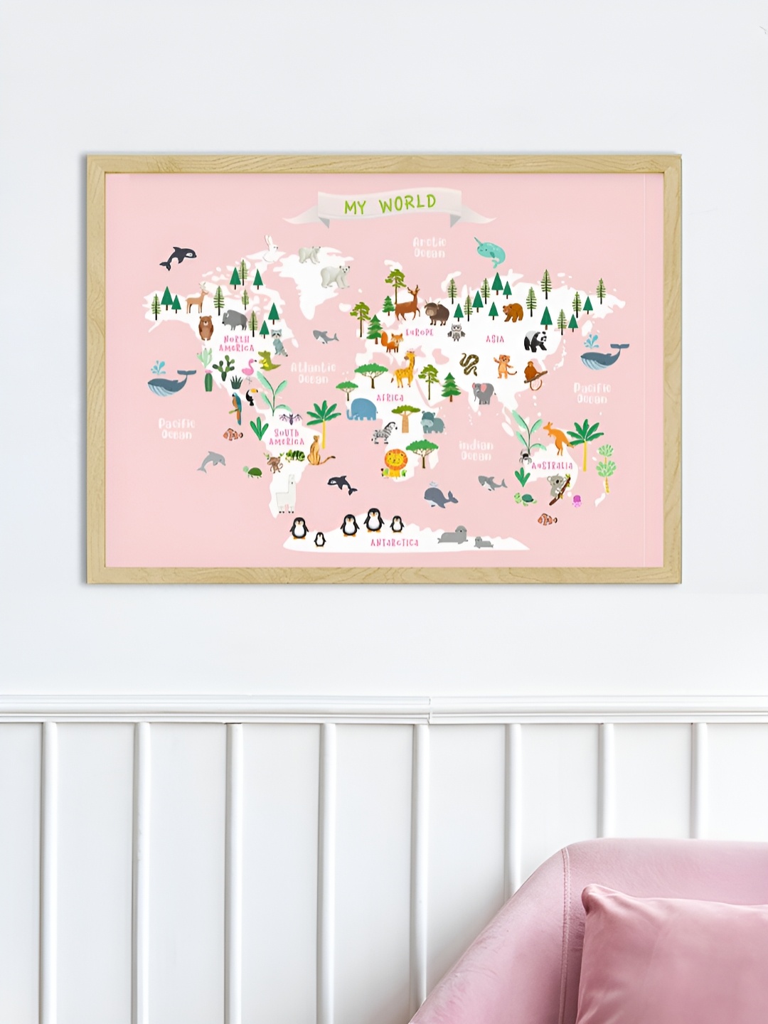 

My Kids Wall Educational Animal World Map Beige & White Wooden Wall Art