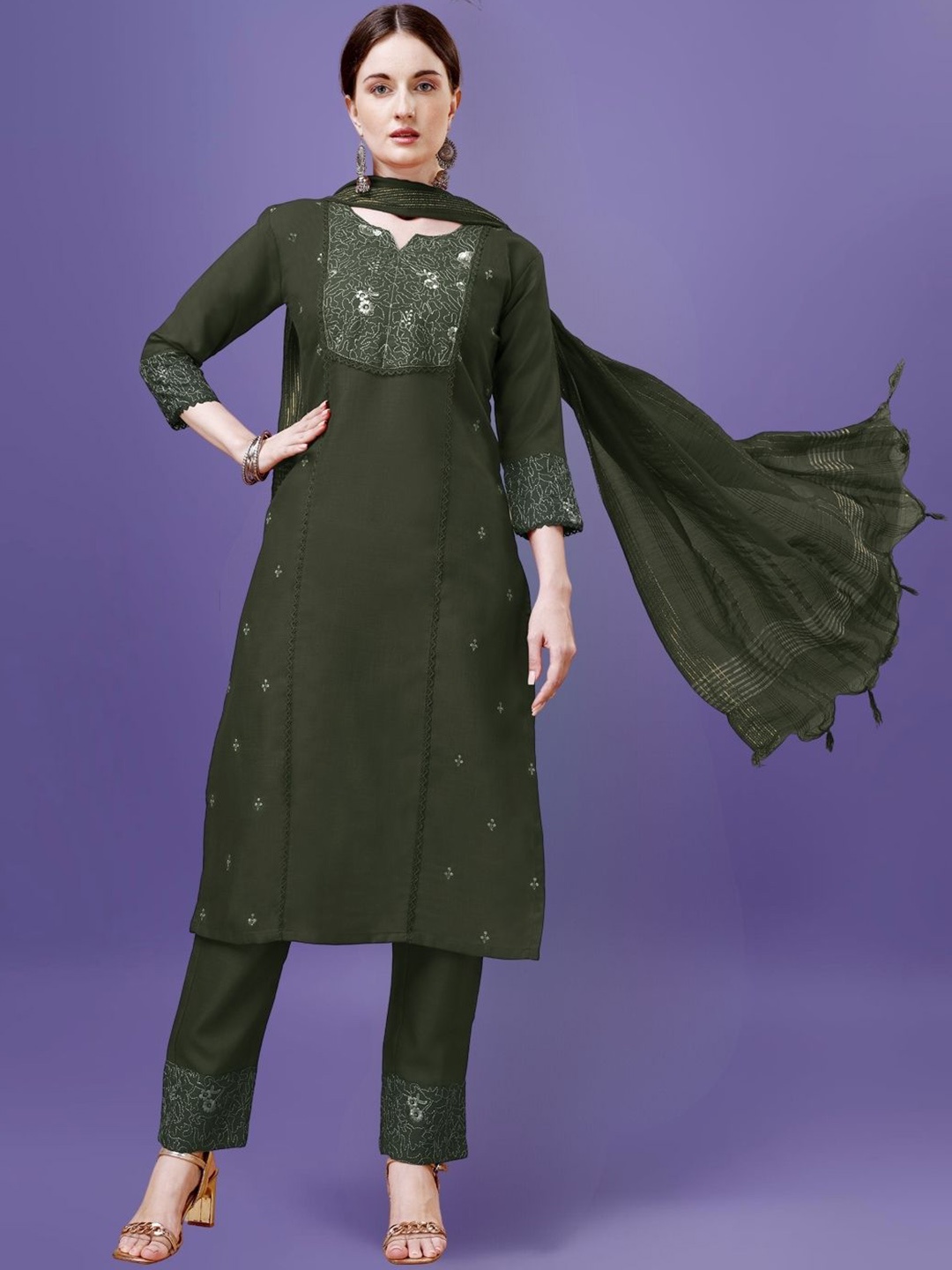 

KAZIA Floral Embroidered Notch Neck Straight Kurta with Trousers & Dupatta, Green