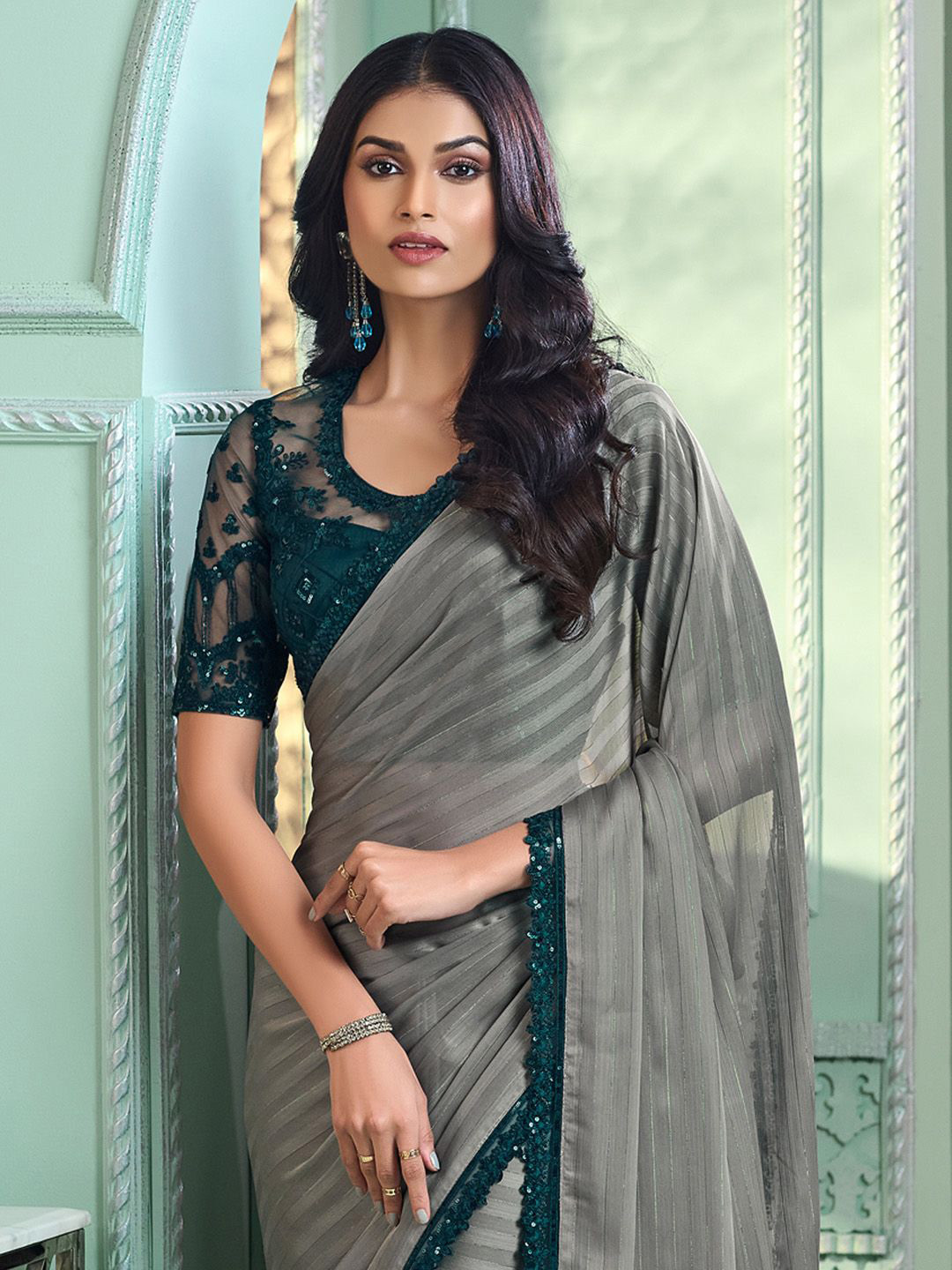 

Anouk Striped Embroidered Poly Georgette Saree, Grey