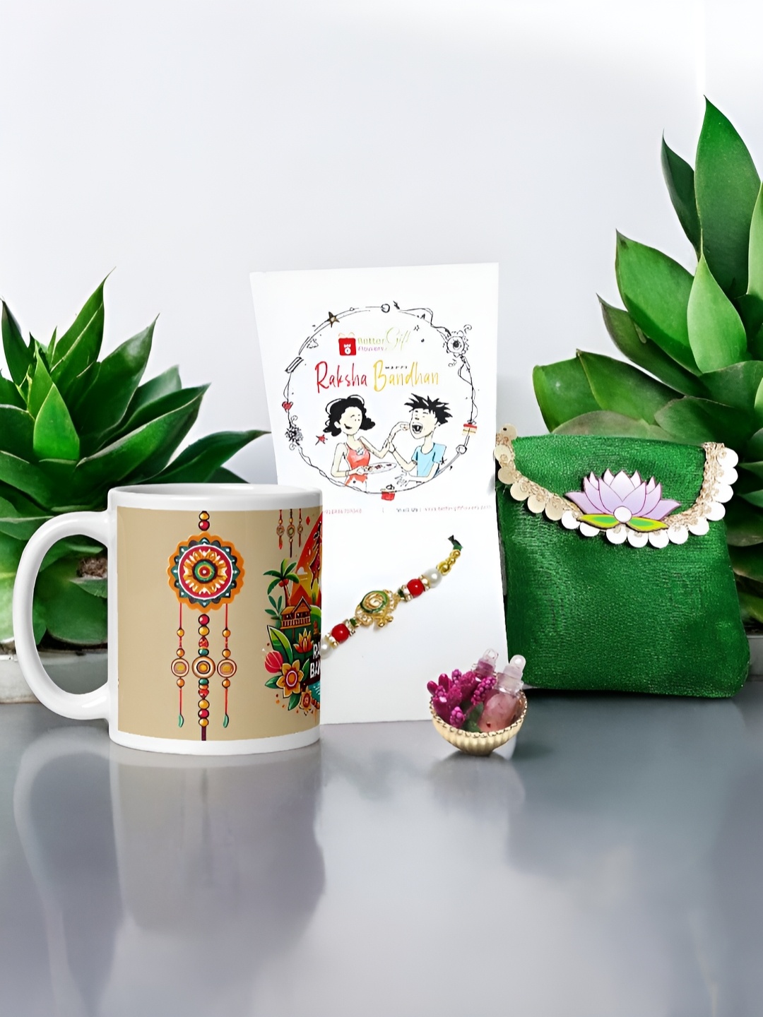 

bettergiftflowers Rakhi With Mug With Roli Chawal & Rakhi Pouch, Gold