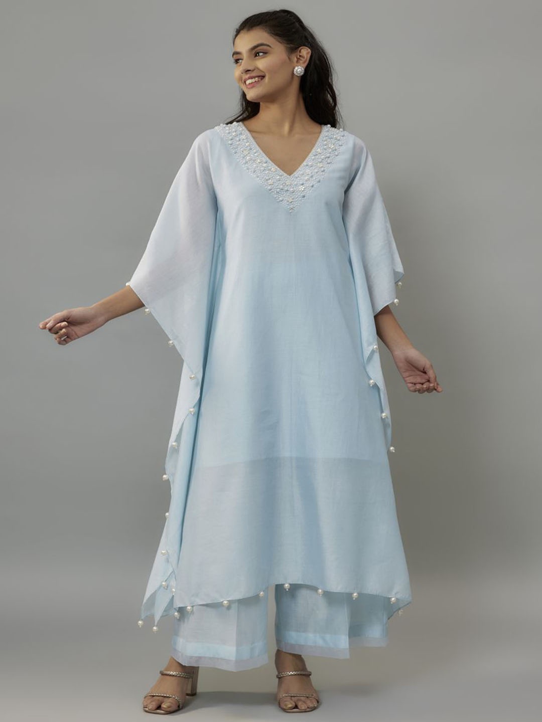 

The Aarya Floral Embroidered Beads and Stones Chanderi Cotton A-Line Kurta With Palazzo, Blue