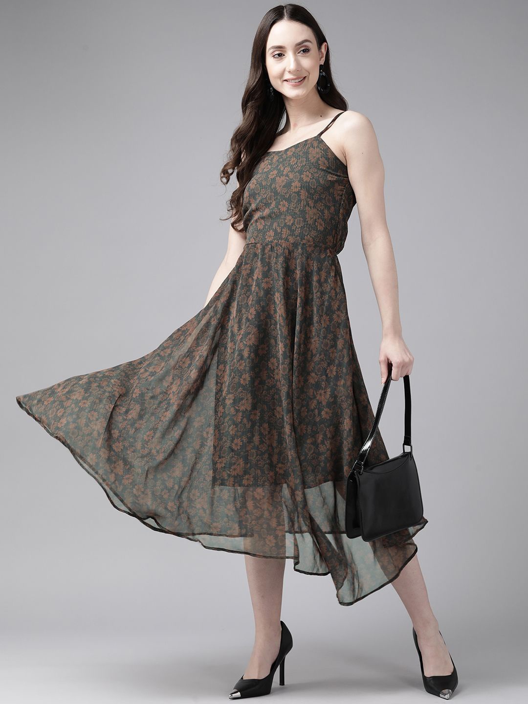 

BAESD Ethnic Motifs Print Georgette Fit & Flare Midi Dress, Black