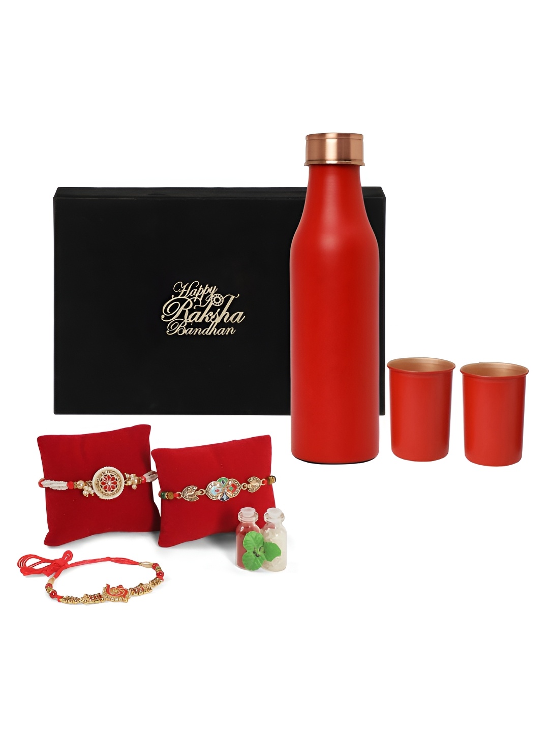 

INTERNATIONAL GIFT Set Of 6 Rakhi With Water Bottle & Glass, Red