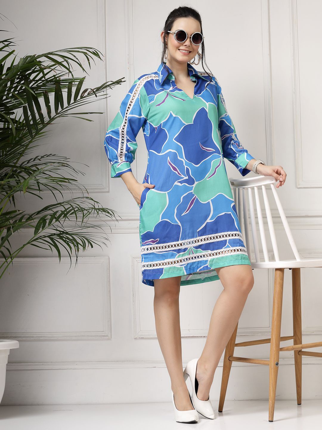 

Get Glamr Floral Print Bell Sleeve Linen Shirt Dress, Blue