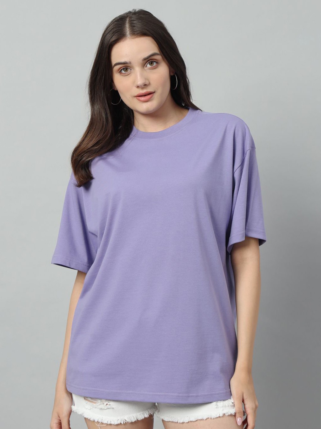 

SWAGNOX Women Solid Round Neck Cotton Oversized T-Shirt, Lavender