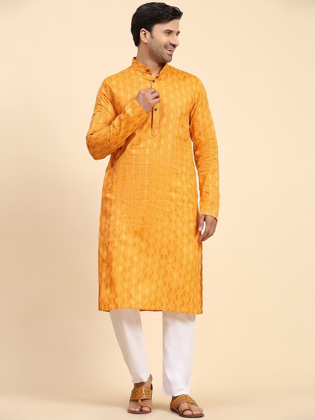 

Rawayi Ethnic Motifs Woven Design Mandarin Collar Pure Cotton Kurta, Yellow