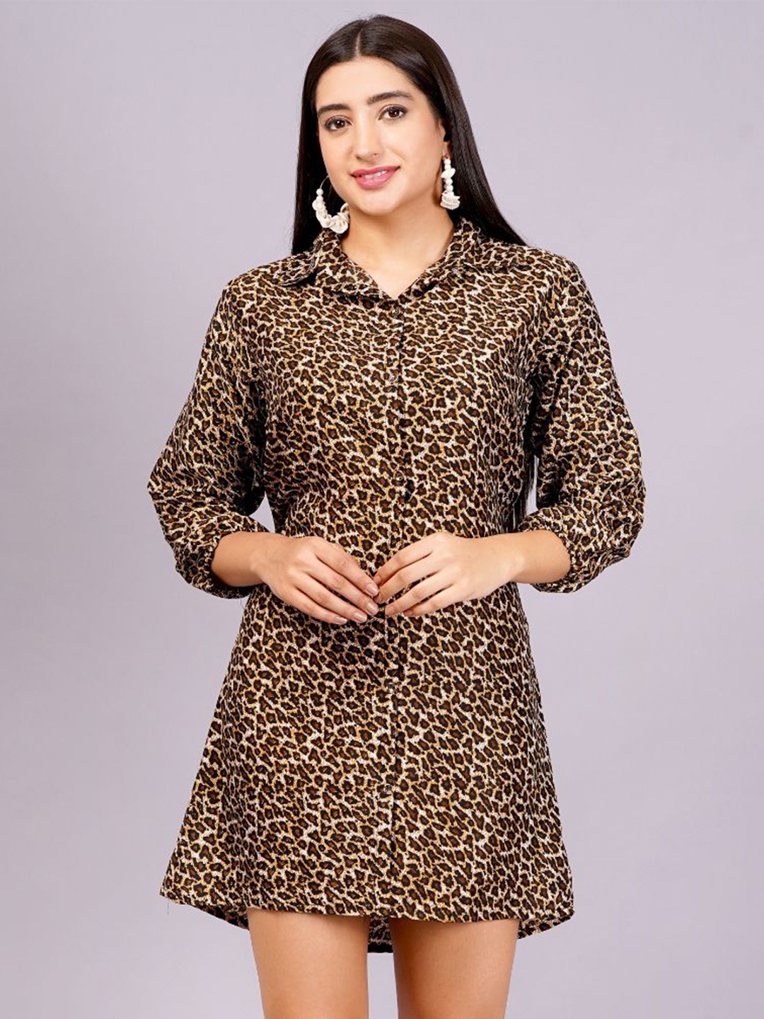 

KALINI Animal Print Crepe Shirt Mini Dress, Brown