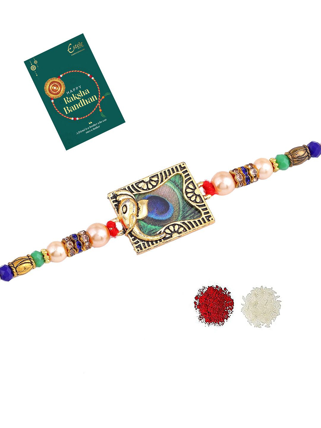 

Estele Peacock Feather Beaded Rakhi With Roli Chawal & Greeting Card, Gold