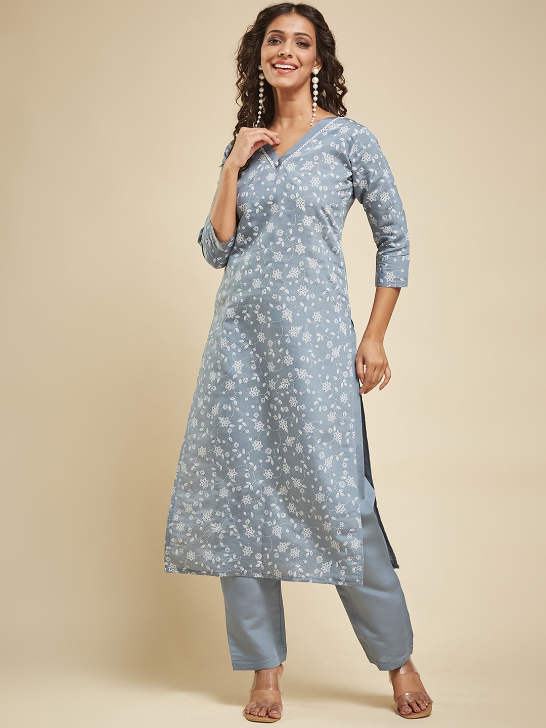 

KALINI Ethnic Motifs Printed V Neck Chanderi Silk Straight Kurta with Trousers, Grey