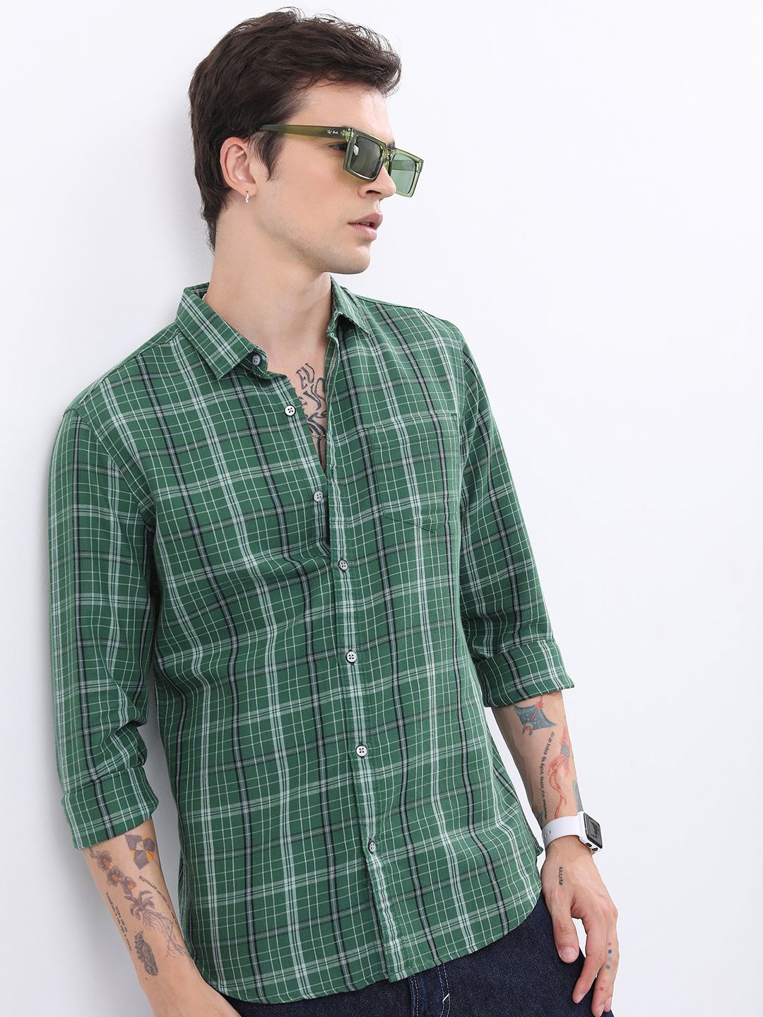 

HIGHLANDER Men Slim Fit Tartan Checks Opaque Checked Casual Shirt, Green