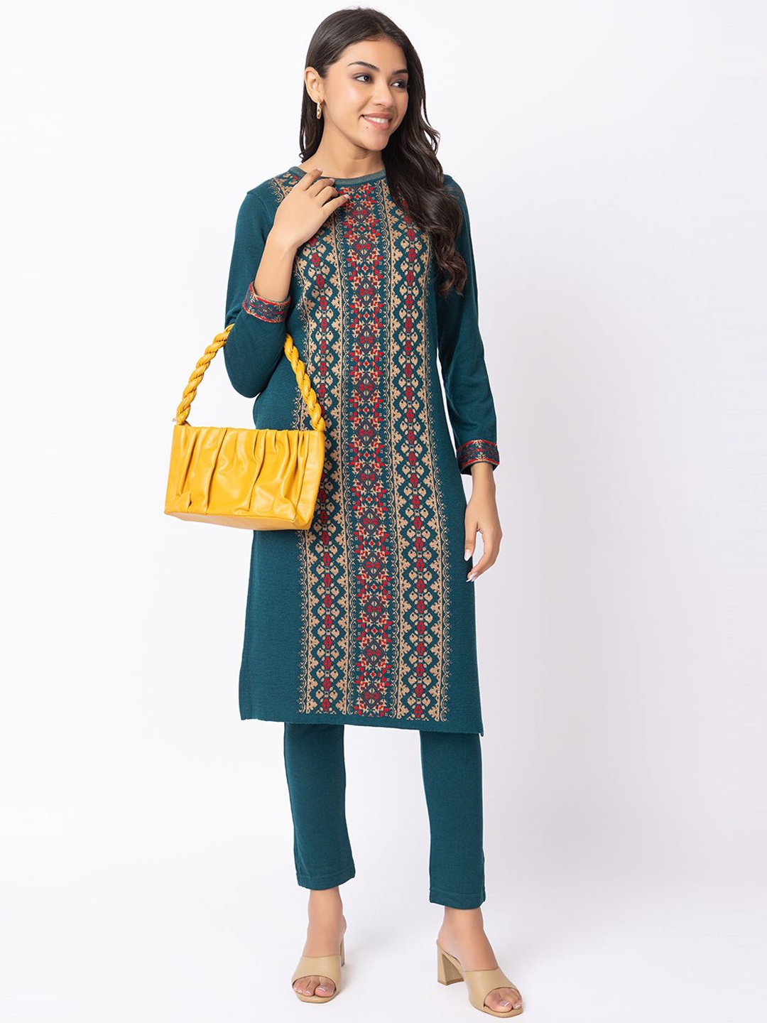 

Anouk Women Ethnic Motifs Flared Sleeves Sequinned Jacquard Winter Wear Kurta, Teal