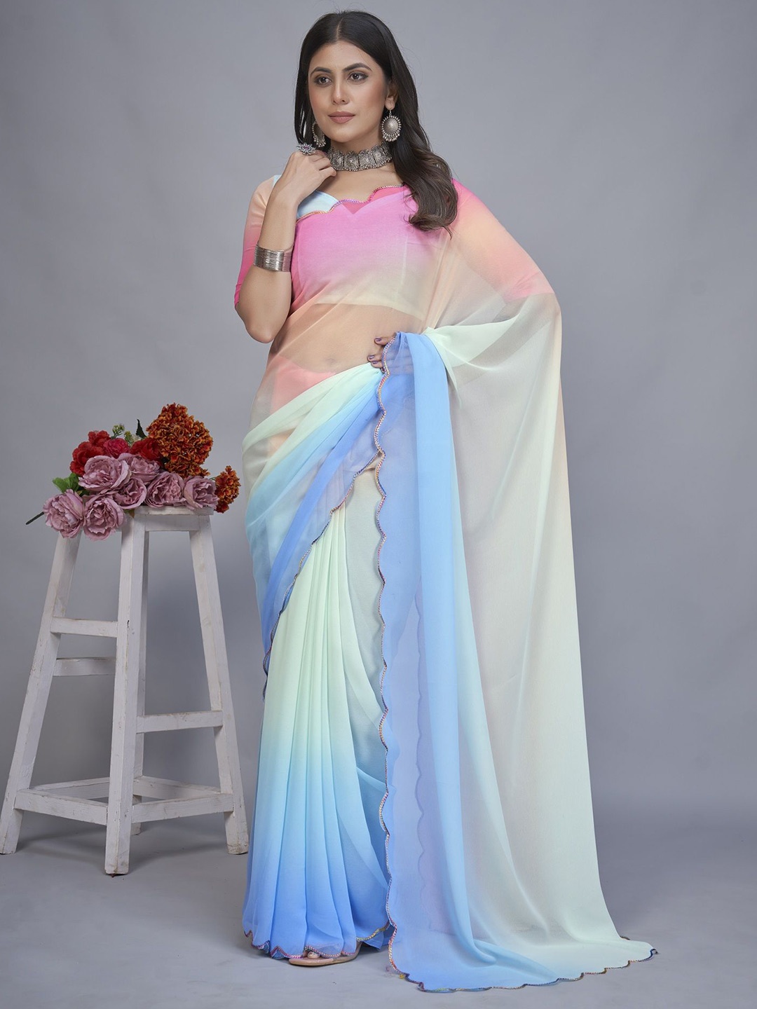 

JULEE Ombre Embroidered Pure Georgette Half and Half Saree, Turquoise blue