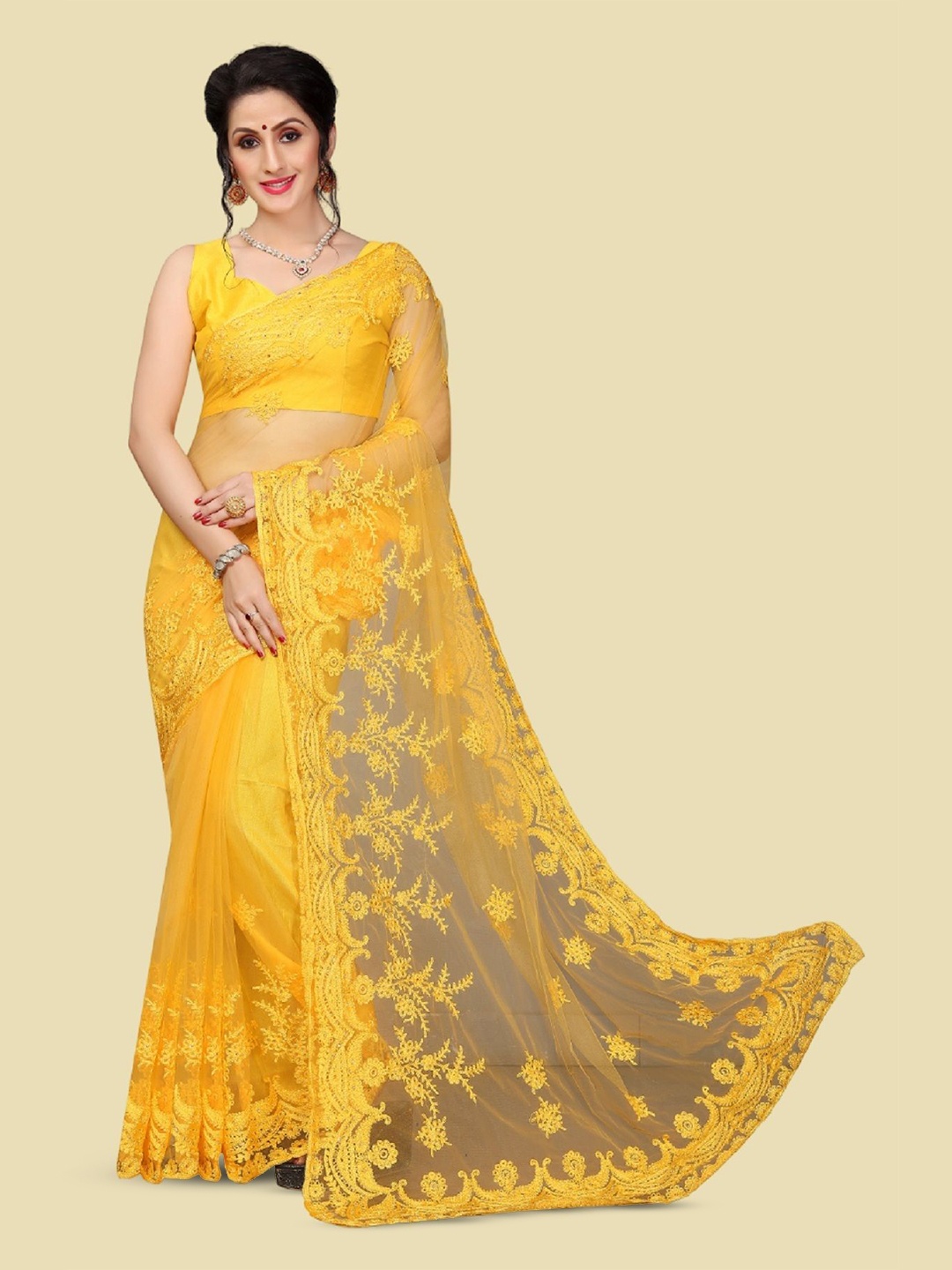 

APNISHA Ethnic Motifs Embroidered Net Saree, Yellow