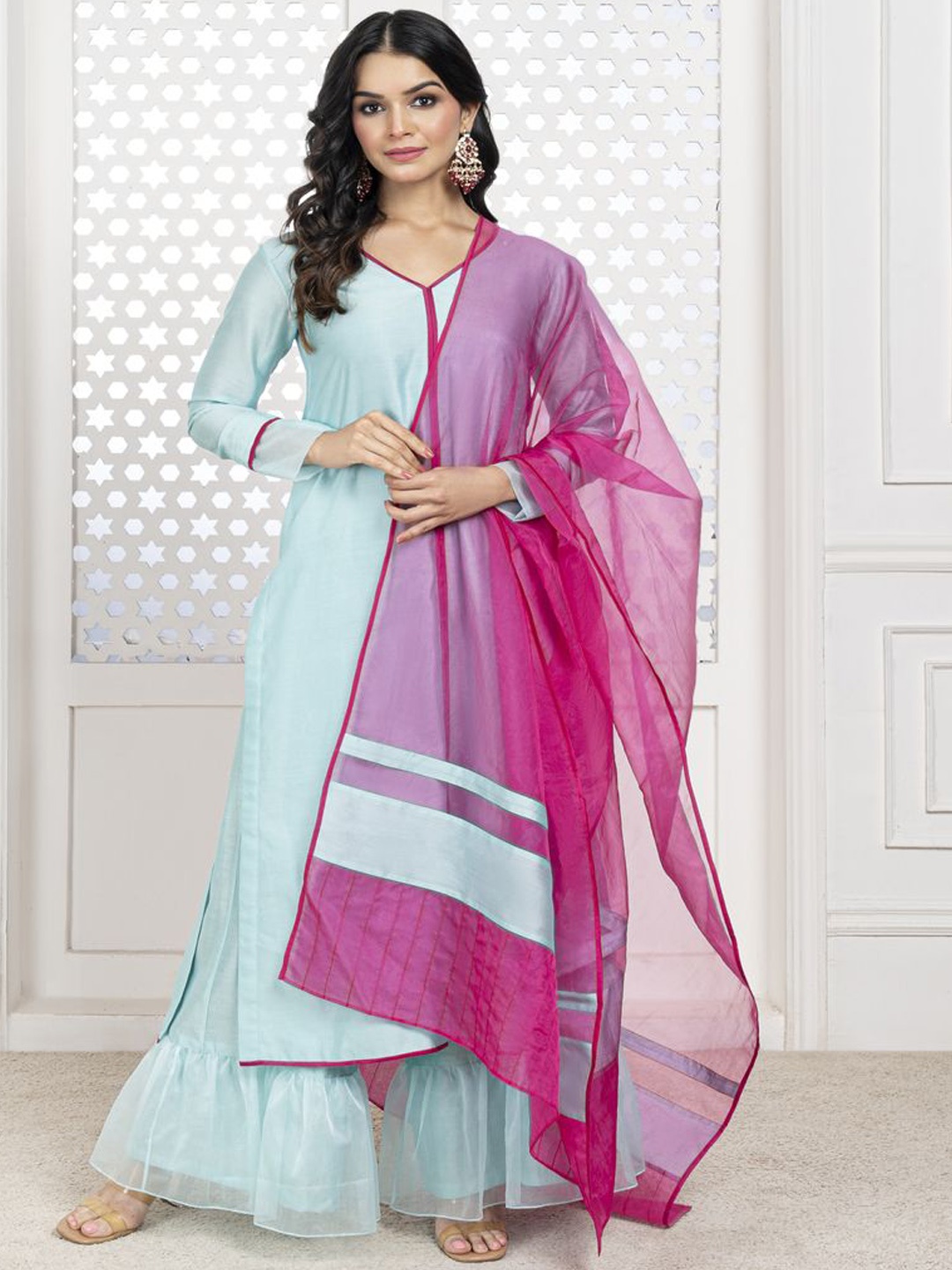 

The Aarya V-Neck Straight Kurta With Sharara & Dupatta, Blue