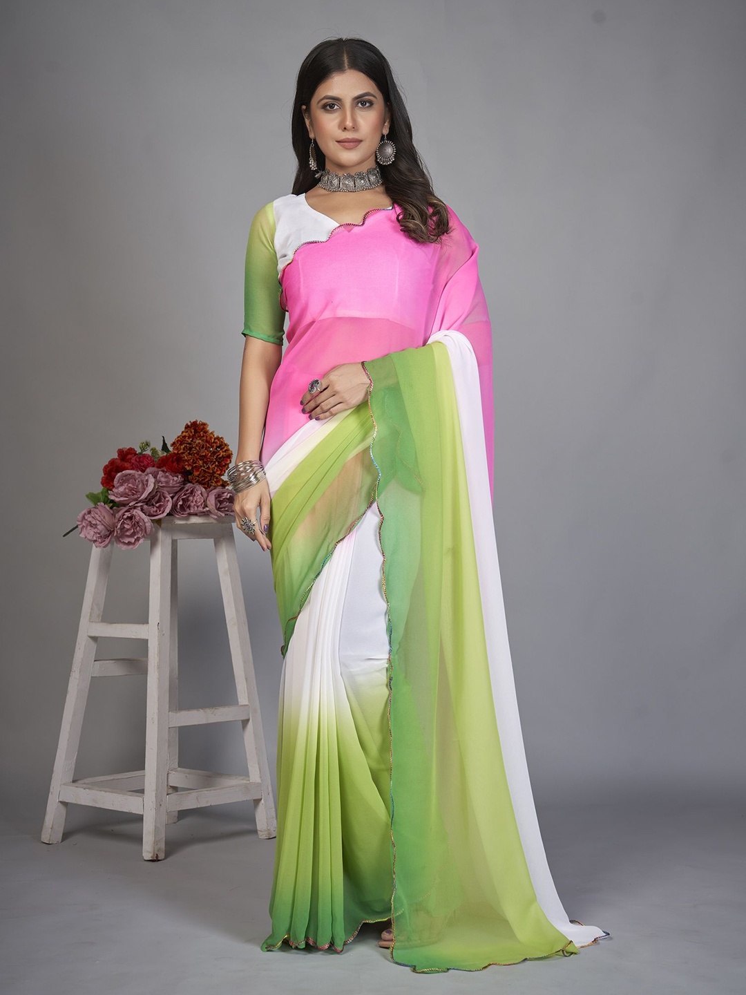 

APNISHA Ombre Embroidered Pure Georgette Half and Half Saree, White