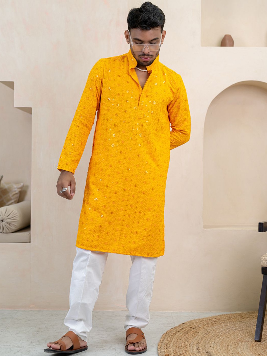 

Tistabene Geometric Embroidered Mandarin Collar Sequinned Cotton Kurta, Yellow