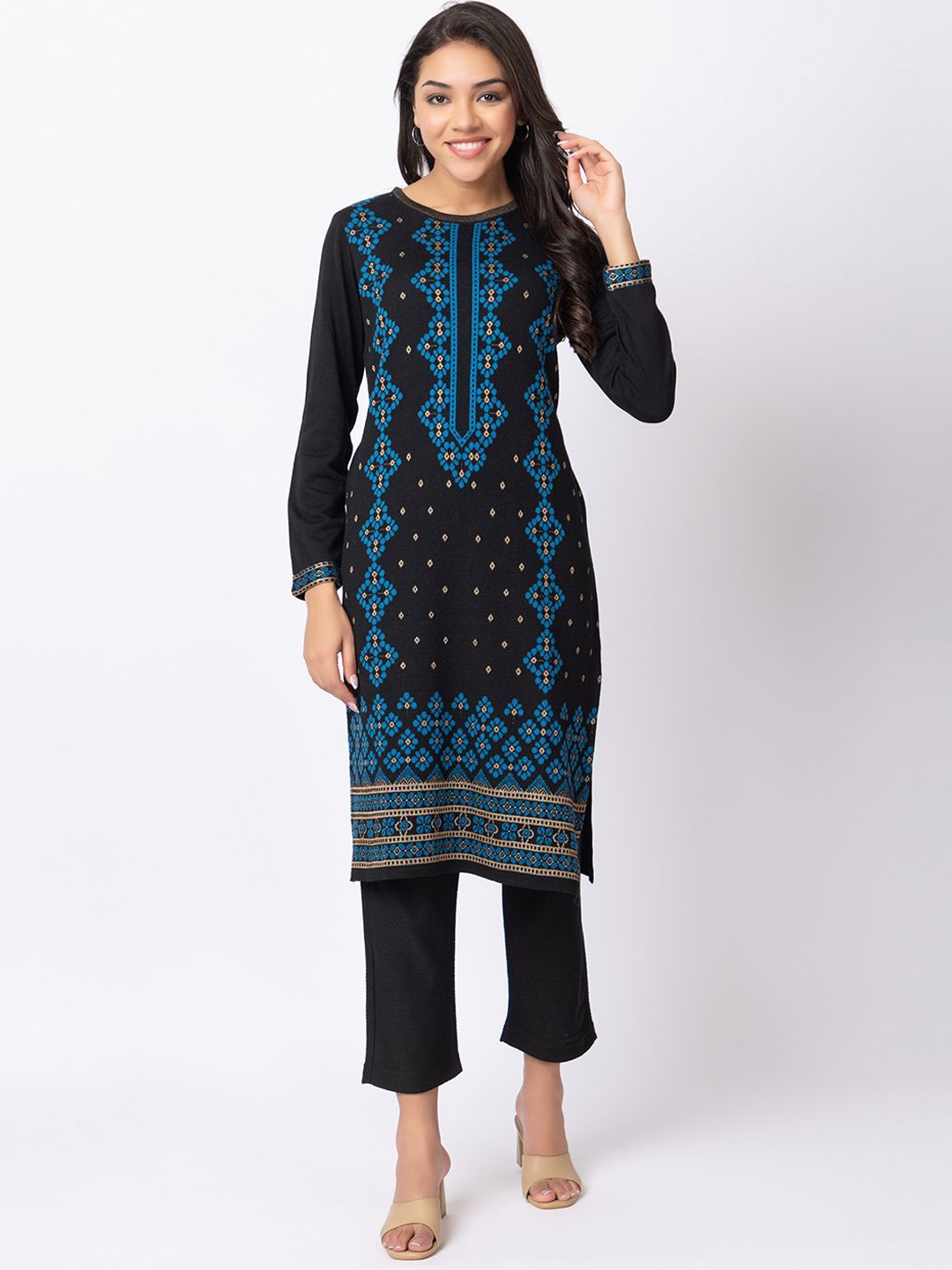 

Anouk Women Ethnic Motifs Printed Flared Sleeves Thread Work Jacquard Winter Wear Kurta, Black
