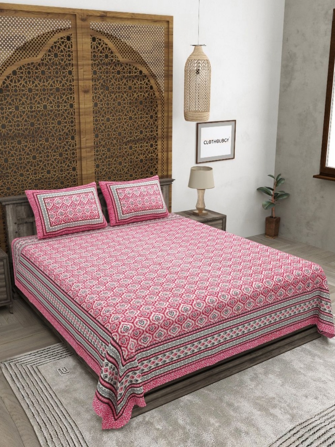 

CLOTHOLOGY Pink & White Ethnic Motifs Printed 180 TC King Bedsheet with 2 Pillow Covers