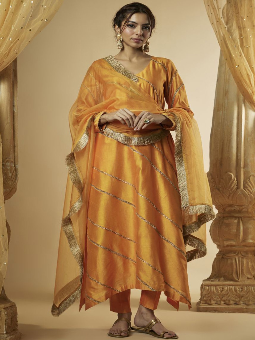 

The Aarya Gotta Patti V-Neck Straight Kurta With Trousers & Dupatta, Orange