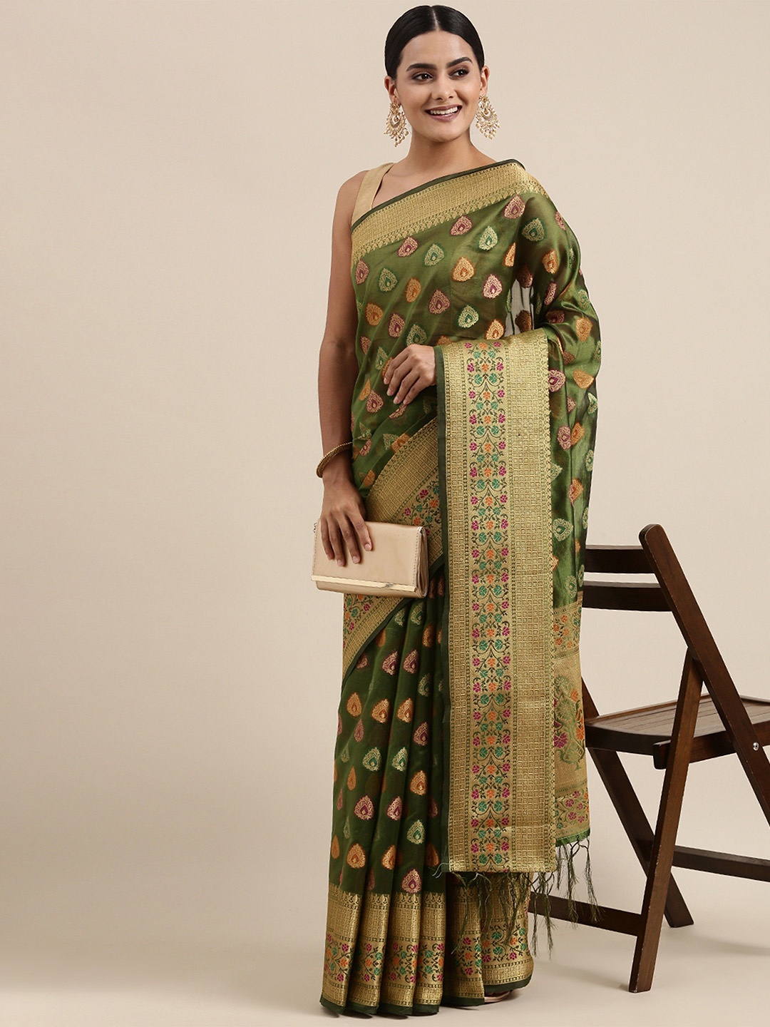 

AWRIYA Ethnic Motifs Zari Silk Cotton Chanderi Saree, Green