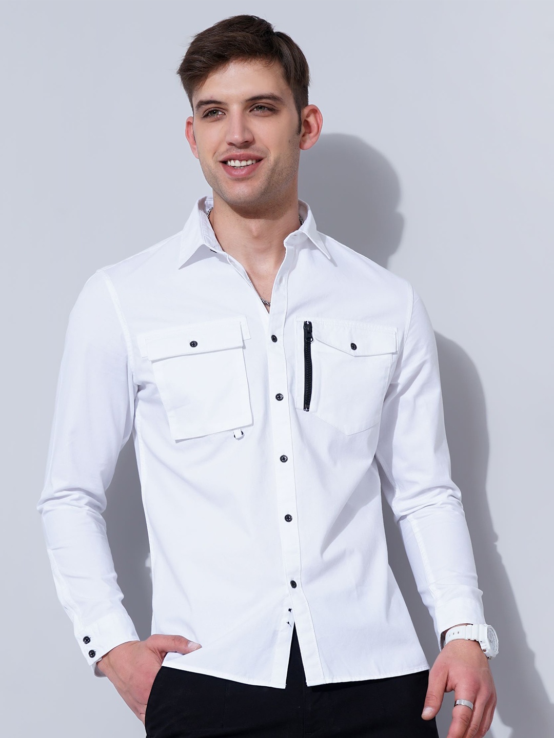 

British Club Men Smart Spread Collar Solid Cotton Slim Fit Casual Shirt, White