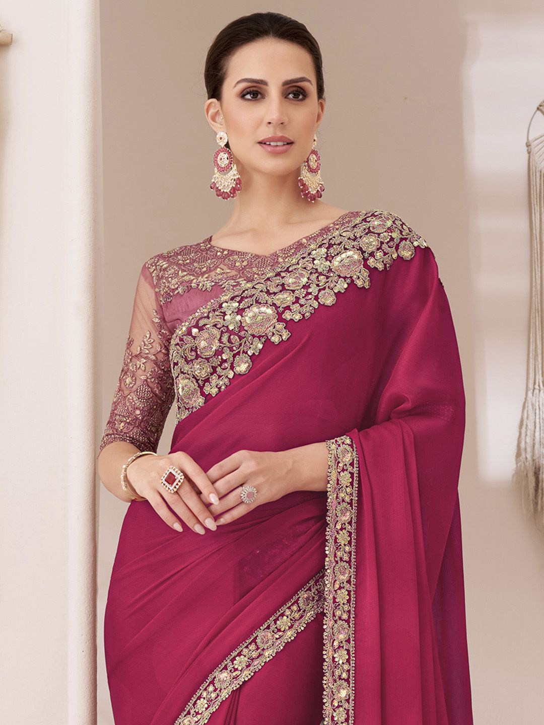 

Mitera Sequinned Pure Chiffon Saree, Pink