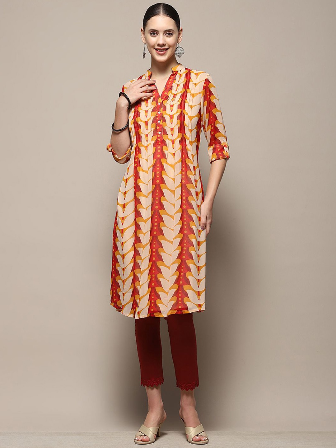 

Biba Floral Printed Roll-Up Sleeves Mandarin Collar Georgette Straight Kurta, Cream