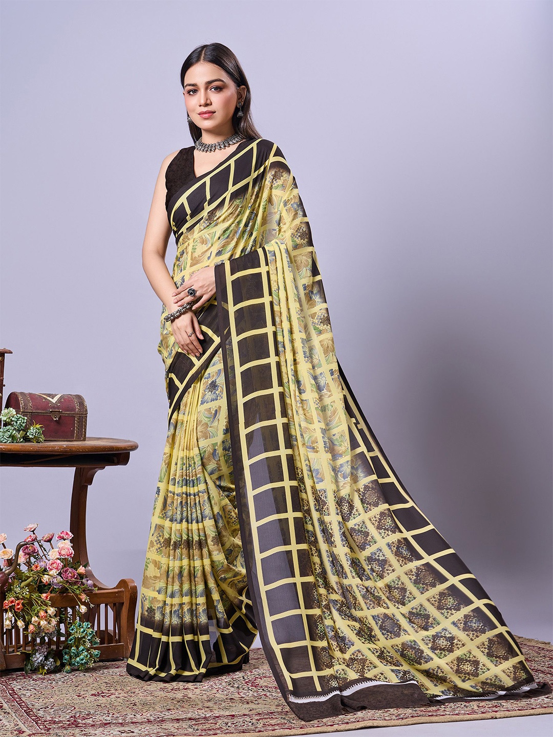 

VIRICA Floral Poly Georgette Saree, Yellow