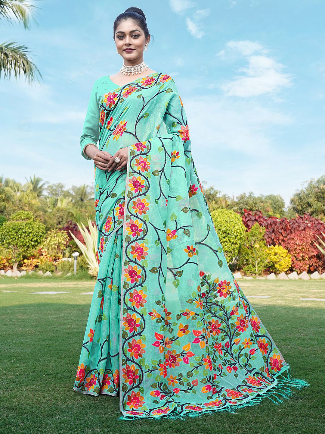 

Satrani Ethnic Motifs Kashida Pure Cotton Jamdani Saree, Turquoise blue