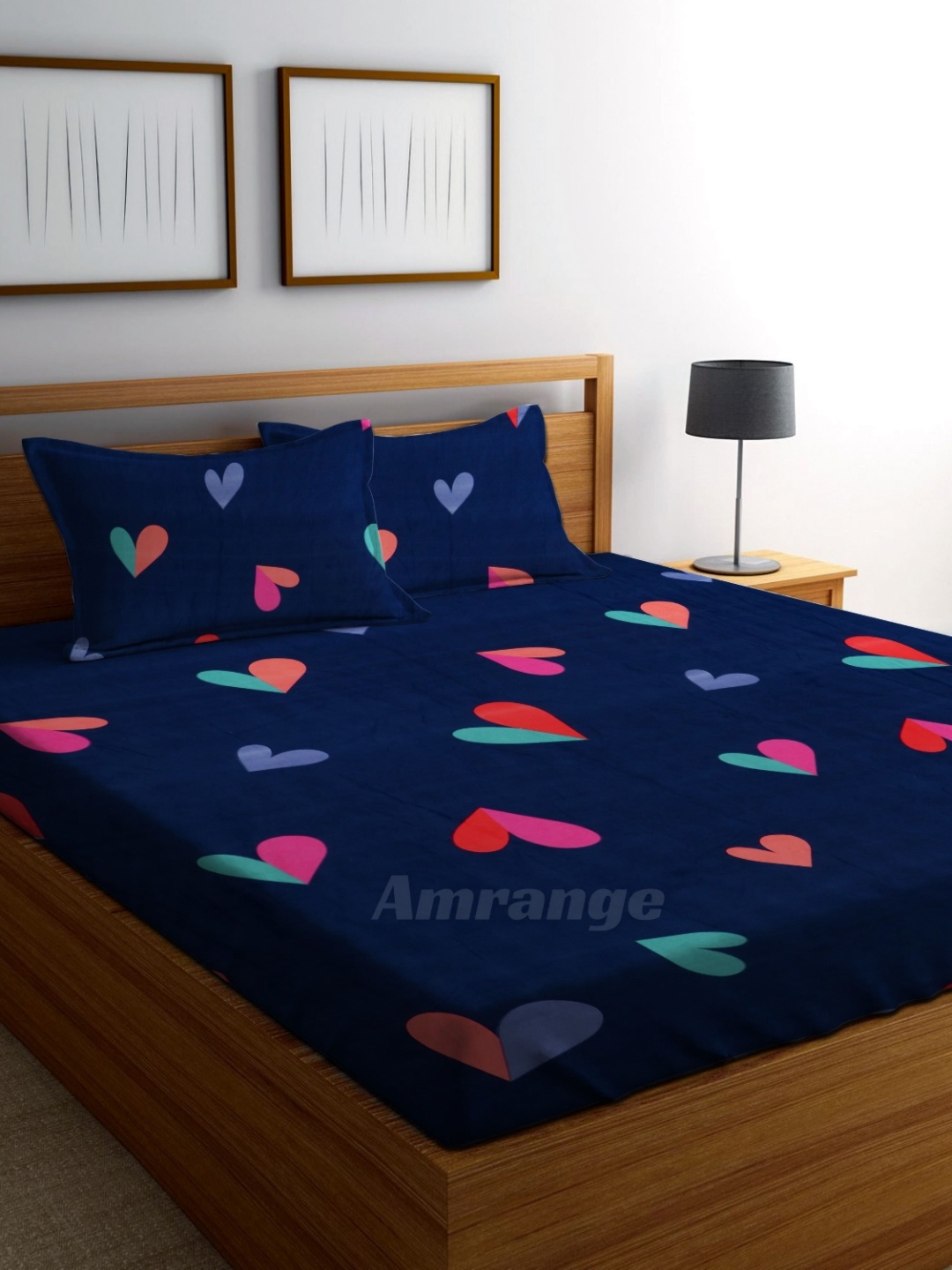 

AMRANGE Navy Blue & Pink Graphic 250 TC King Bedsheet with 2 Pillow Covers