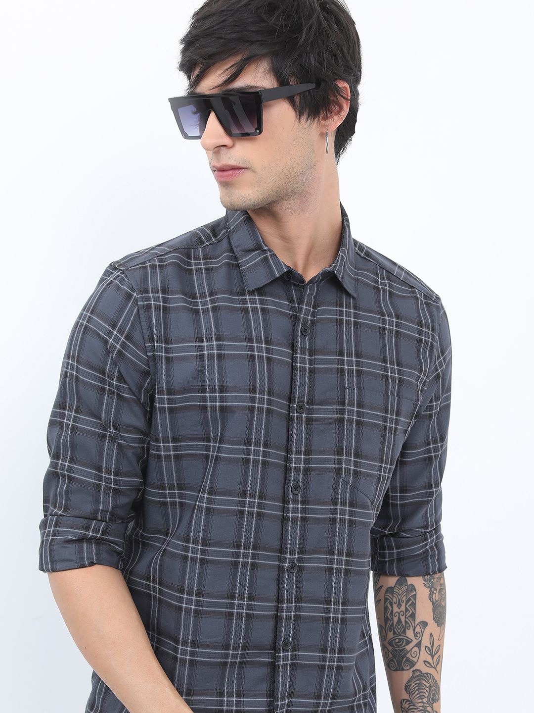 

HIGHLANDER Men Slim Fit Tartan Checks Opaque Checked Casual Shirt, Grey