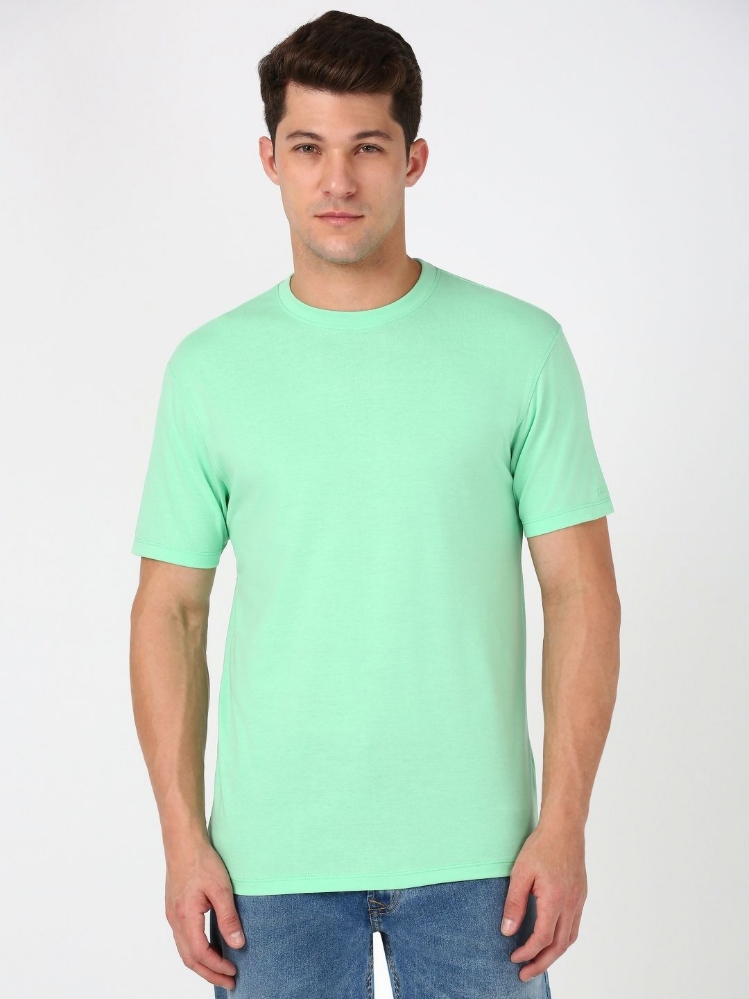 

Peter England Casuals Men Solid Round Neck Cotton T-Shirt, Green