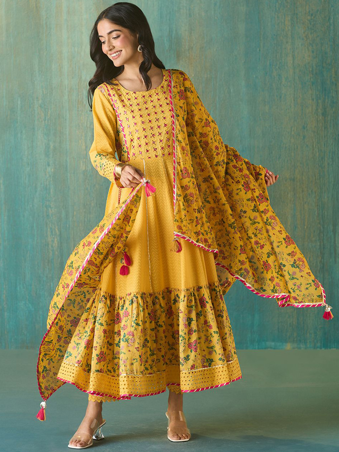 

Likha Schiffli Mirror Work Anarkali Set and Dupatta, Yellow