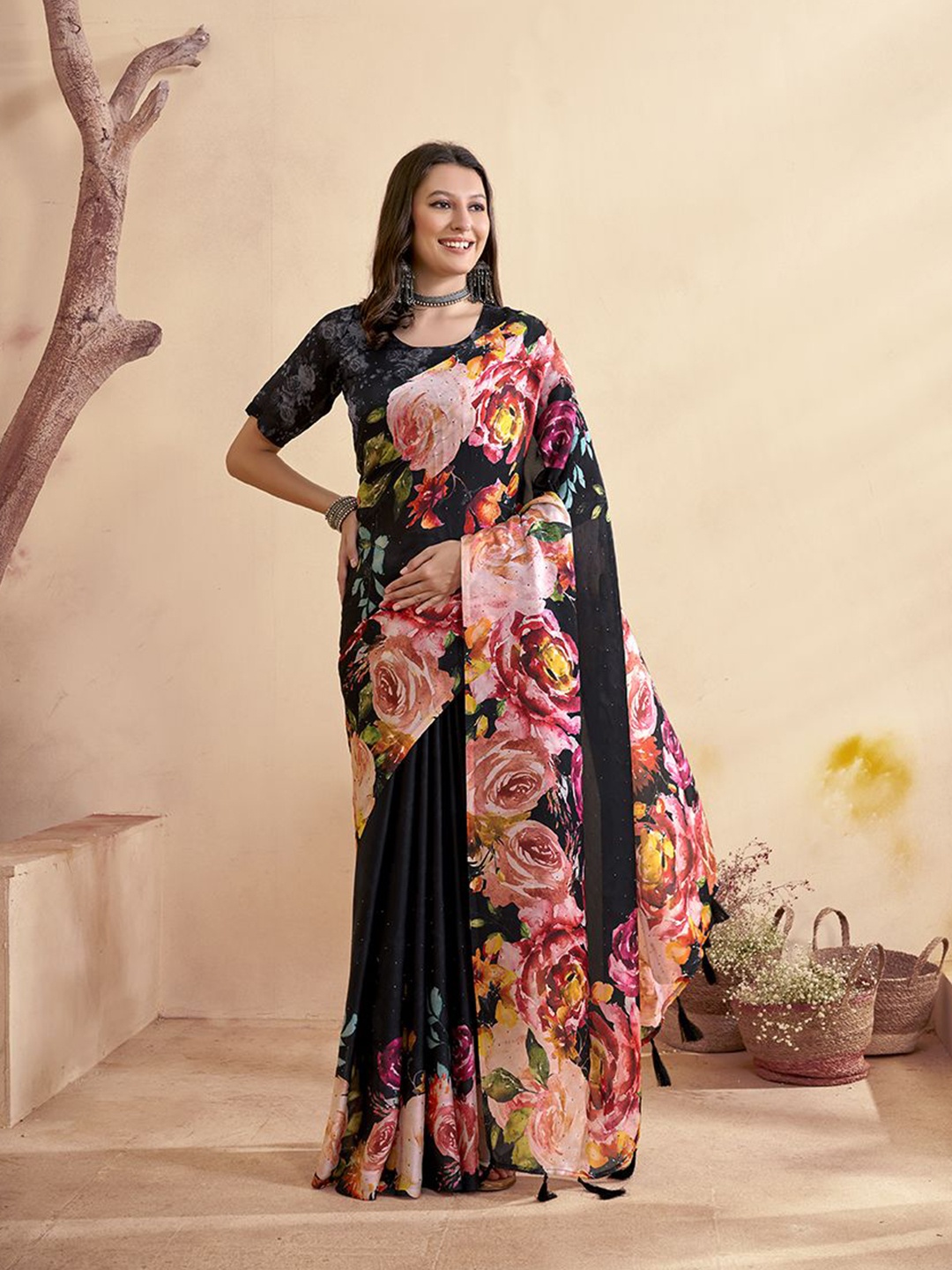 

Anouk Floral Mirror Work Satin Saree, Black