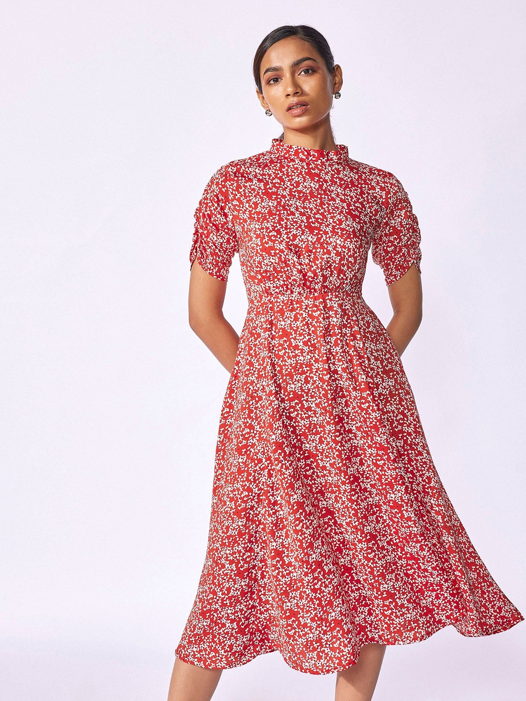 

The Label Life Floral Printed Mock Neck Fit & Flare Dress, Red