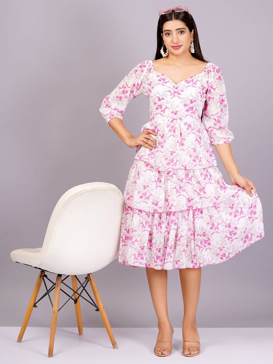 

KALINI Floral Print Georgette Fit & Flare Midi Dress, Pink
