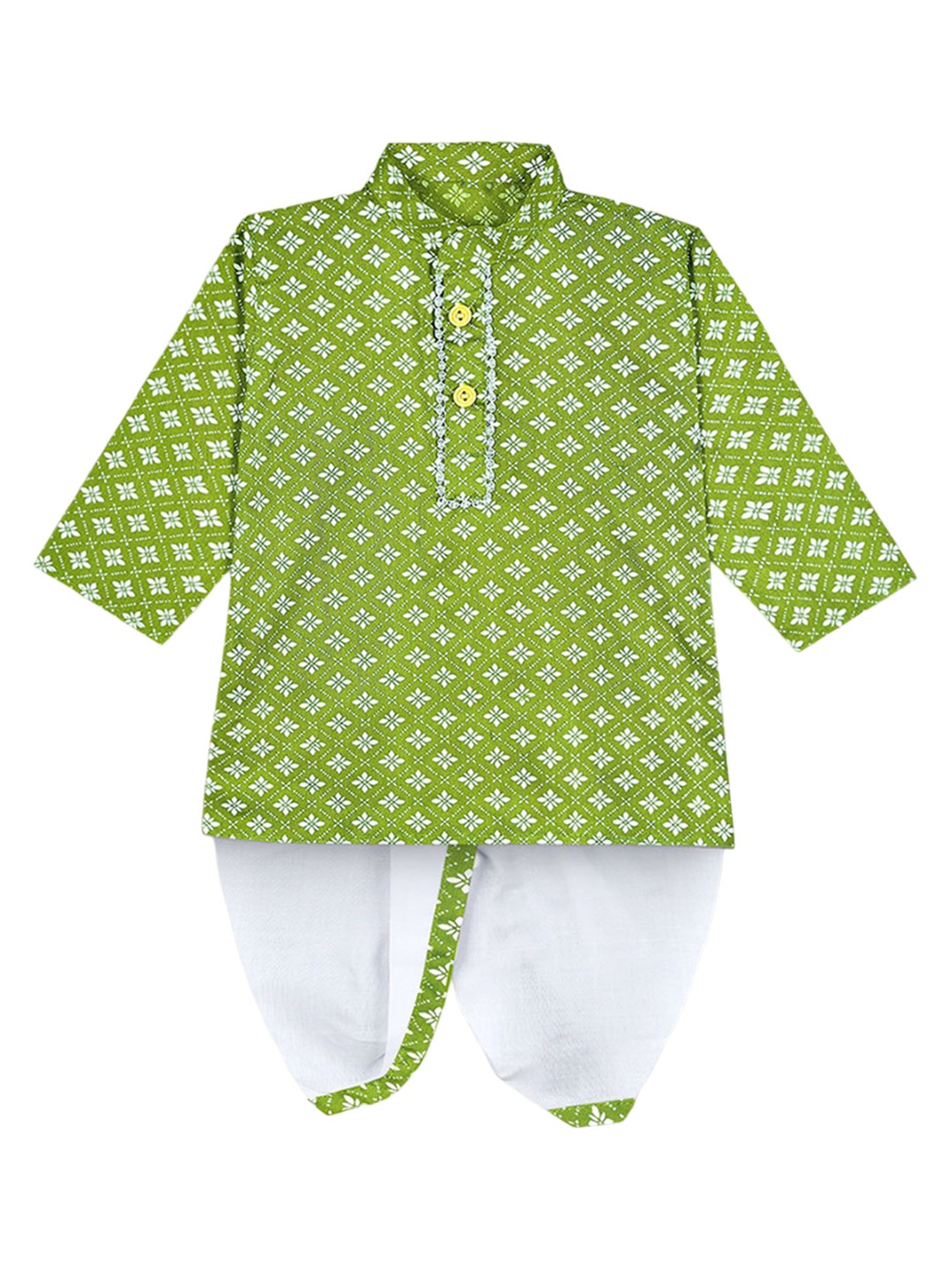 

BAESD Boys Floral Printed Mandarin Collar Straight Kurta With Dhoti Pants, Green