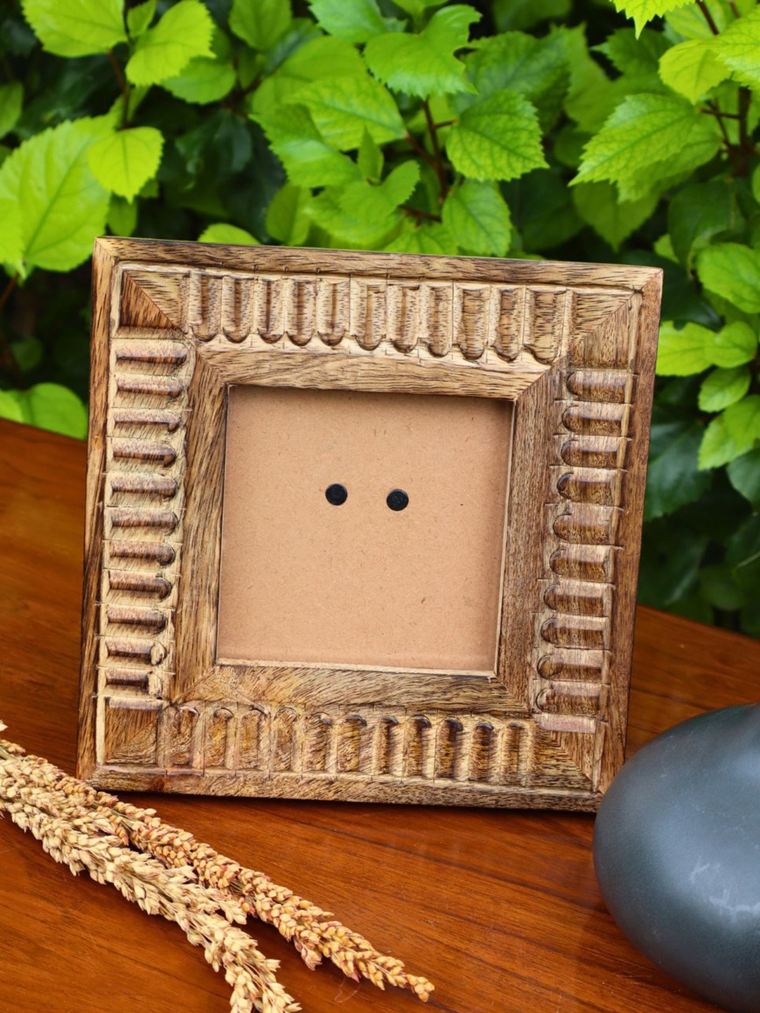 

WEAVING HOMES Brown Self Design Wooden Square Table Photo Frame