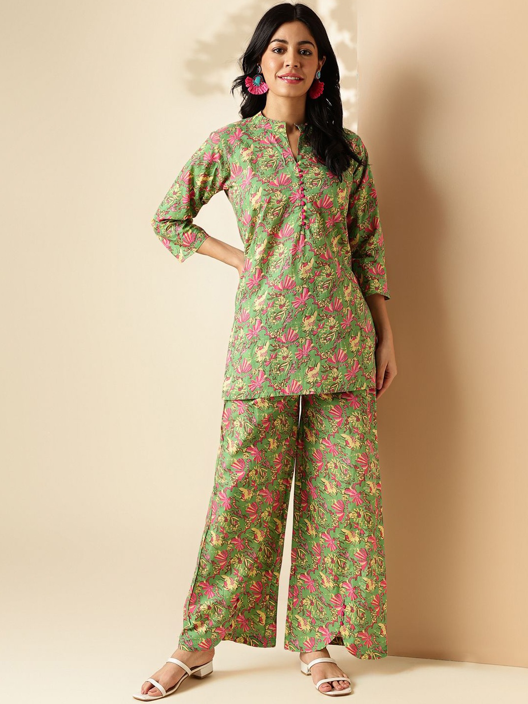 

Vbuyz Floral Printed Pure Cotton Tunic & Trousers, Green