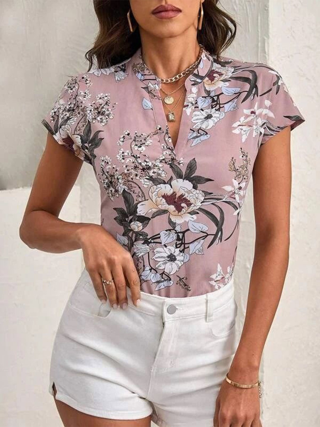 

Stylecast X Slyck Floral Printed Mandarin Collar Cap Sleeve Top, Pink