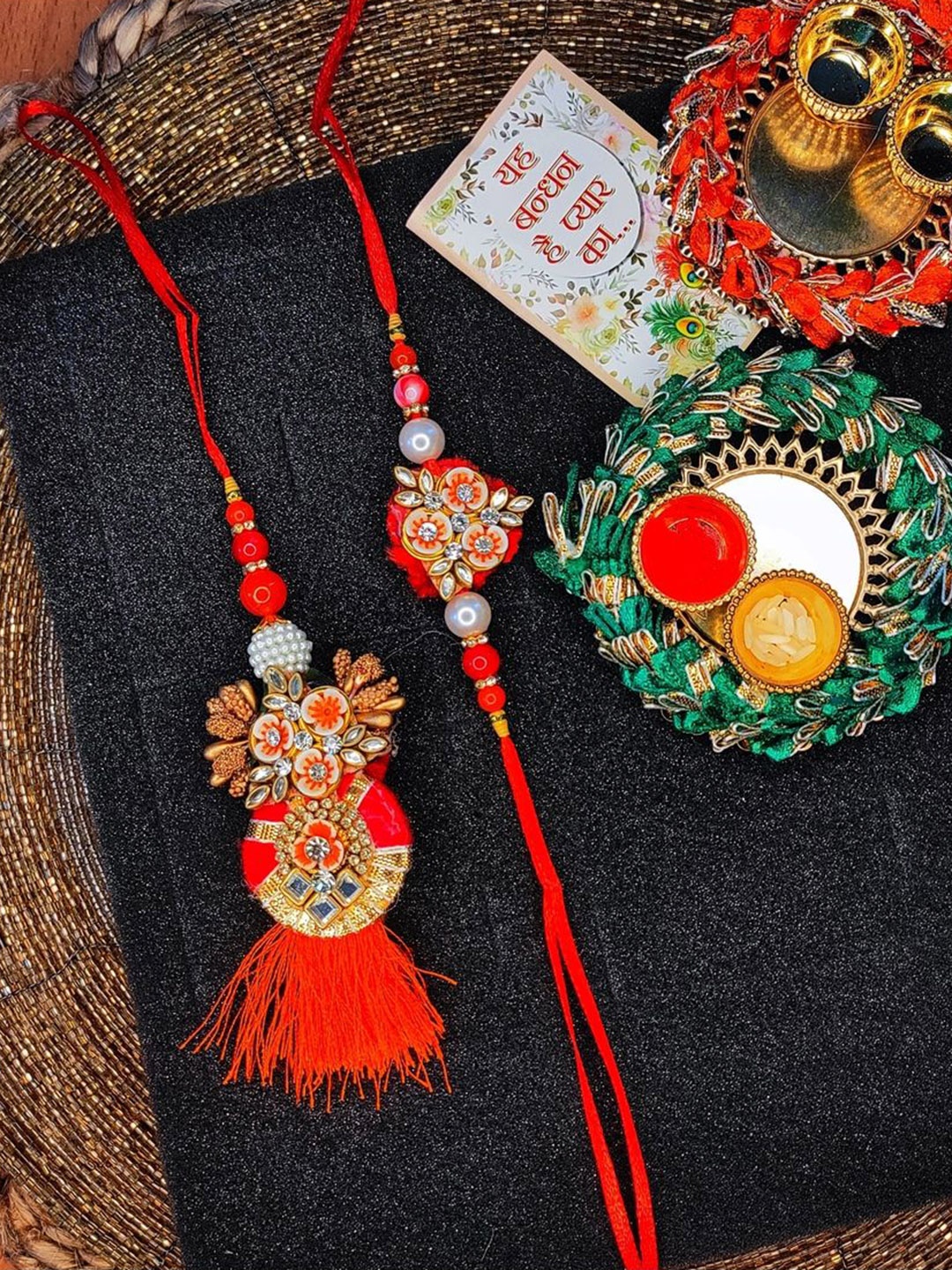 

NVR Stone-Studded Bhaiya Bhabhi Rakhi with Roli Chawal, Orange