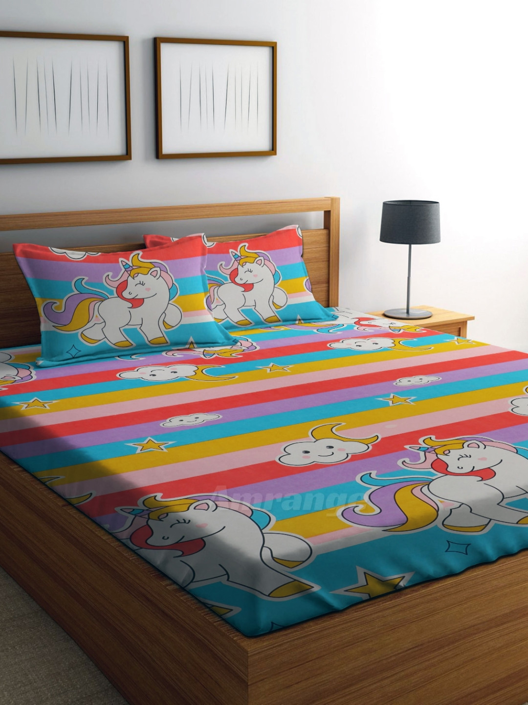 

AMRANGE Pink & Blue Graphic 250 TC King Bedsheet With 2 Pillow Covers
