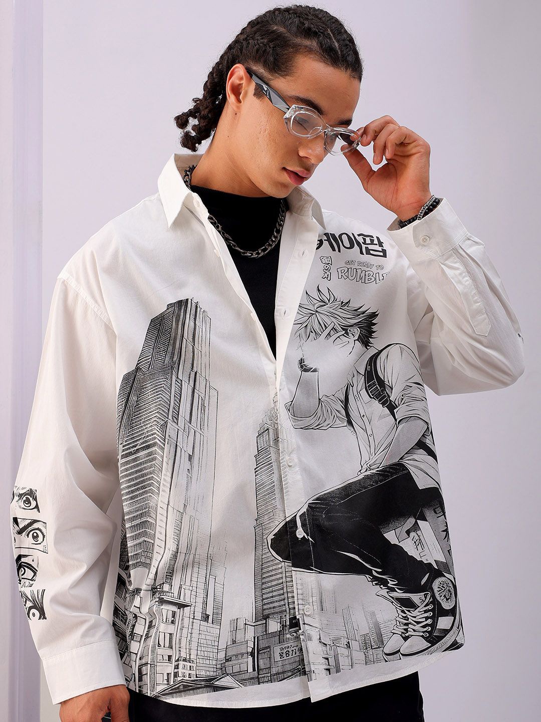 

The Indian Garage Co Men Anime Printed Cotton Oversized Boxy Streetwear Shirt, White