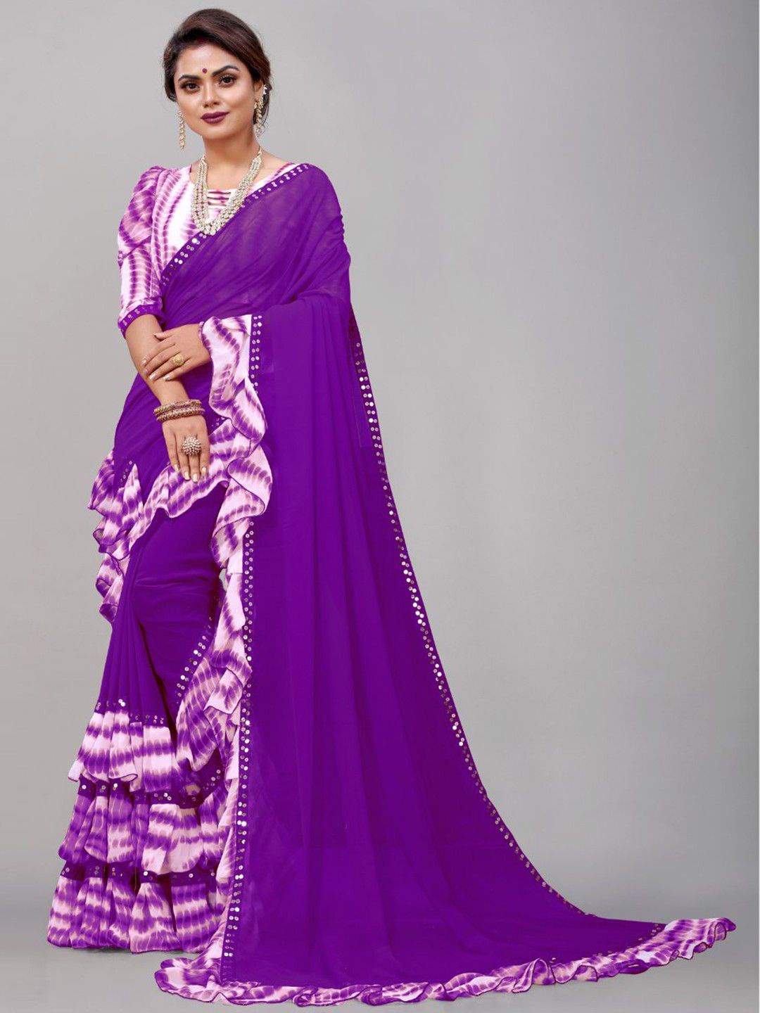 

JULEE Tie and Dye Sequinned Pure Georgette Saree, Lavender