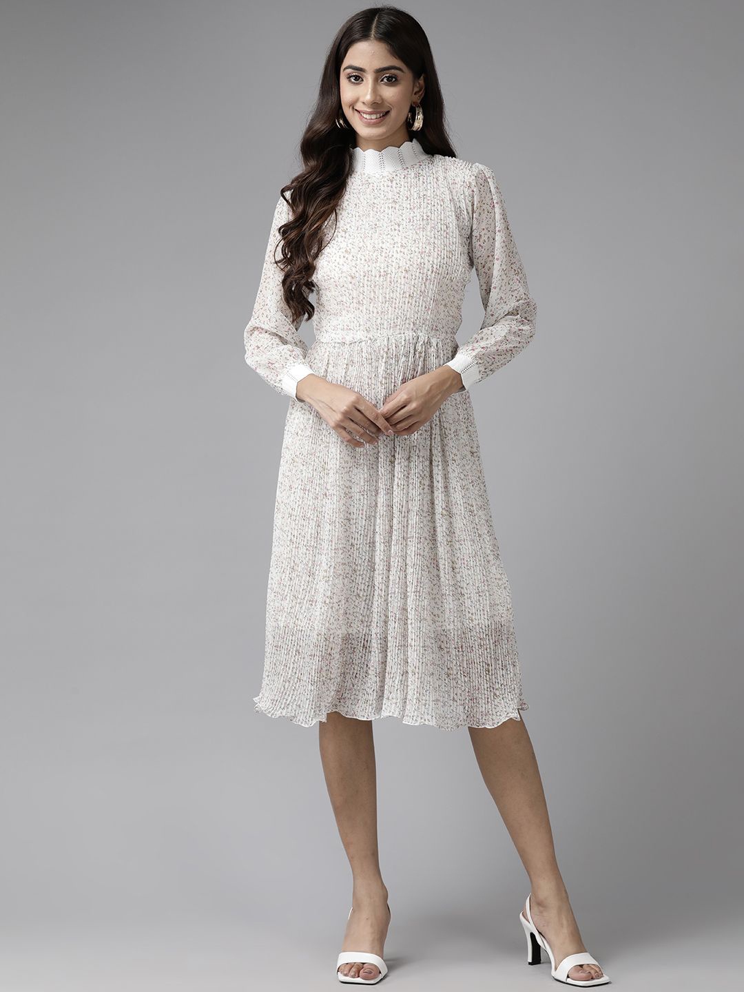 

BAESD Floral Print Georgette A-Line Dress, White